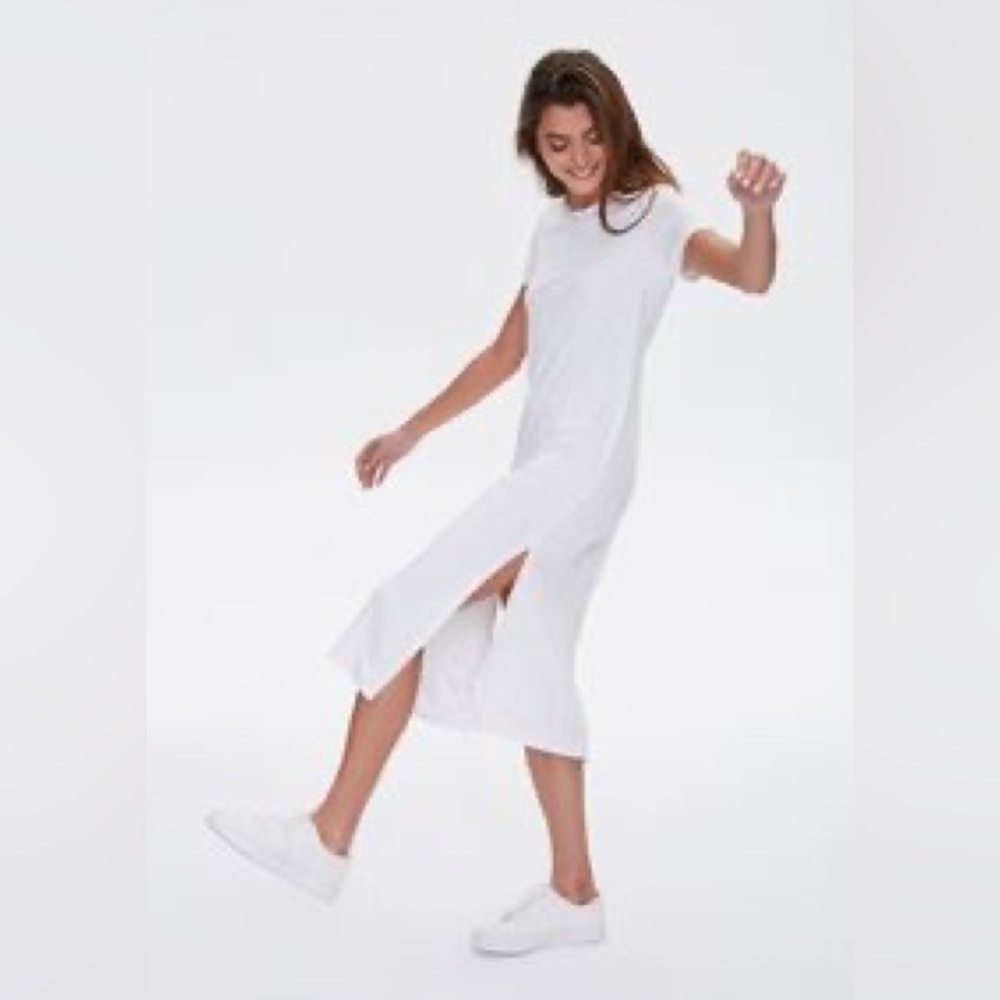 Forever 21 Midi T-Shirt Dress with Side Slit in White (S)